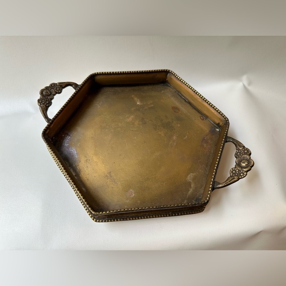 Hexagon Brass Footed Tray with Two Rose Detail Handles - Picture 1 of 6